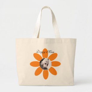Bolsa Tote Grande Foto de Cachorro Bonito na Linda Flor Laranja