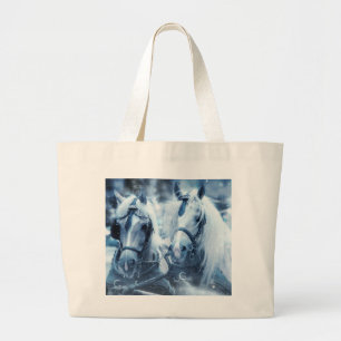 Bolsa Tote Grande Foto de inverno de uma bela equipe de cavalos