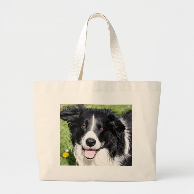 Bolsa Tote Grande Fotografia de um cachorro feliz (Frente)