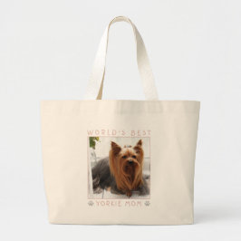 Bolsa Tote Grande Fotomãe de Yorkie Mais Bonita do Mundo Rosa Cinza 