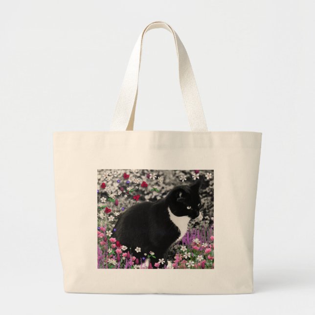Bolsa Tote Grande Freckles nas flores II - gato do smoking (Frente)