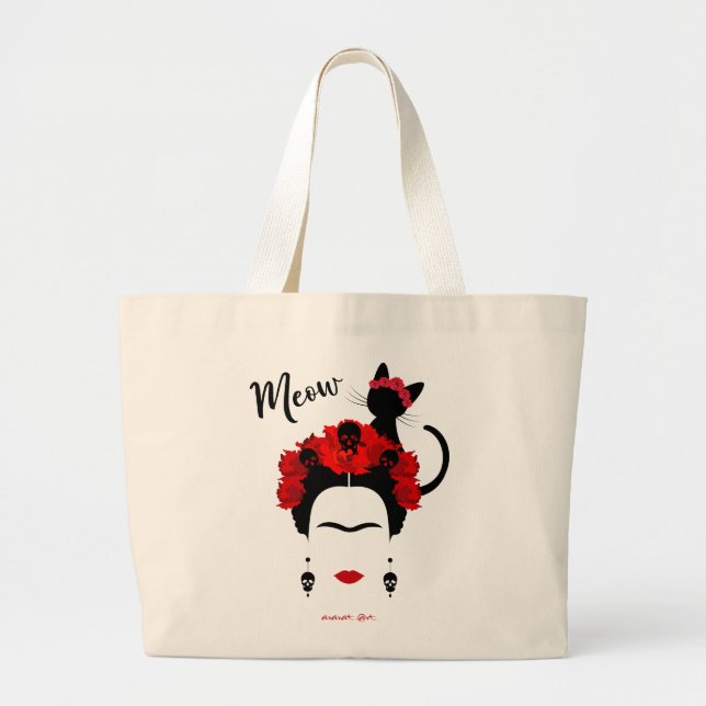 Bolsa Tote Grande Frida Kahlo retrato e meau giro gato mexicano (Frente)