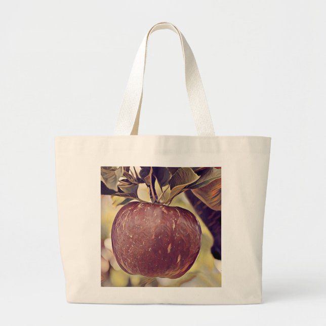 Bolsa Tote Grande Fruta de maçã vermelha e folhas de aquarela (Frente)