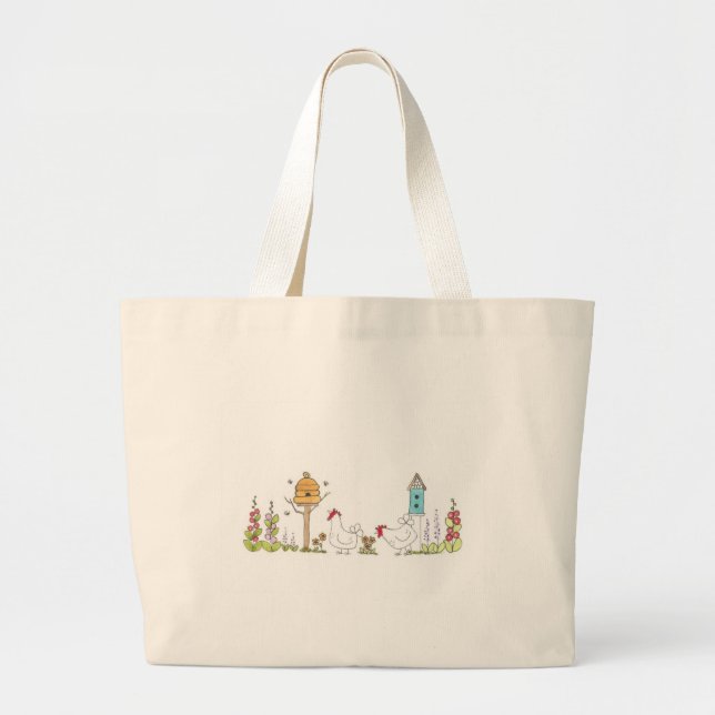 Bolsa Tote Grande Galinhas em um Jardim do País (Frente)