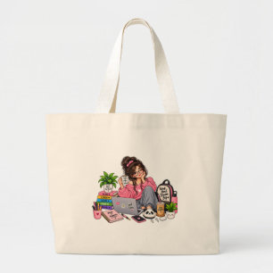 Bolsa Tote Grande Garota de Estudo de Café Aconchegante – Trabalhe D