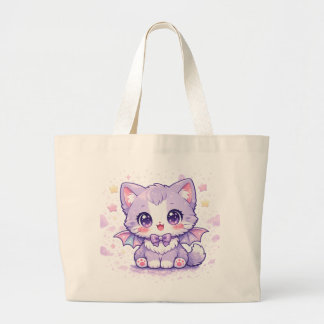 Bolsa Tote Grande Gatinho Morcego Pastel Kawaii Gato com Asas Lavand