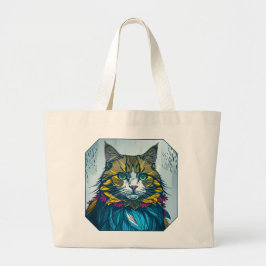 Bolsa Tote Grande Gato Comeu a Pena de Canário | Arte Colorida de Re