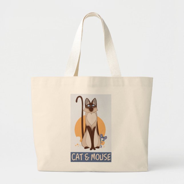 Bolsa Tote Grande Gato e Rato de Cartoon Engraçado (Frente)