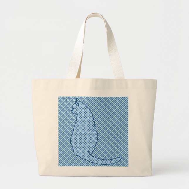 Bolsa Tote Grande Gato Japonês - Blue Kimono Impressão (Frente)