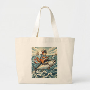 Bolsa Tote Grande Gato Marinheiro Engraçado Montando Atum Vintage