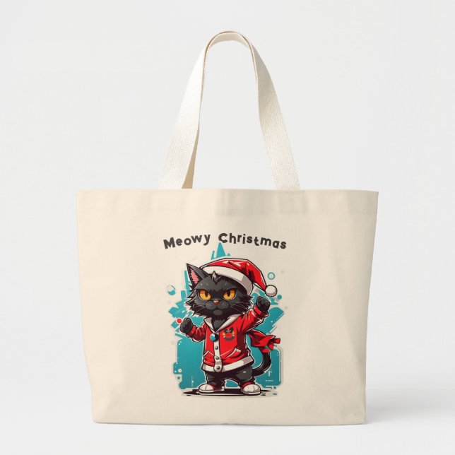 Bolsa Tote Grande Gato Negra Dabbing: Festividades de Natal Feliz (Frente)