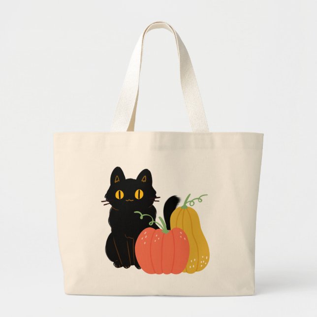 Bolsa Tote Grande Gato Negro e Pumpkins (Frente)