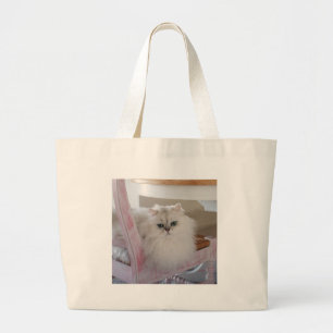 Bolsa Tote Grande Gato Persa Branco numa Cadeira Rosa