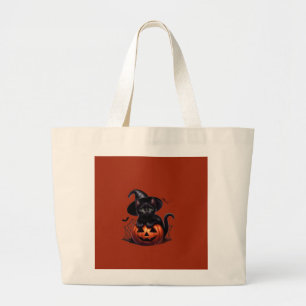 Bolsa Tote Grande Gato Preto Assustador e Sacola de Lona de Abóbora