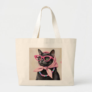 Bolsa Tote Grande Gato Preto Chic com Lenço Babushka Rosa Retro