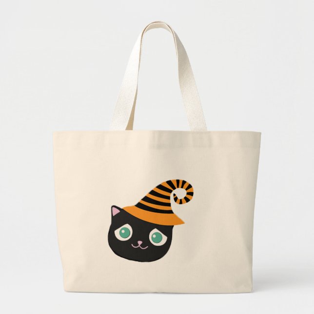 Bolsa Tote Grande Gato Preto com Olhos Tristes e Chapéu Branco (Frente)