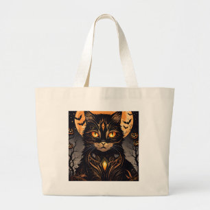 Bolsa Tote Grande Gato preto rico, Lua cheia e morcegos