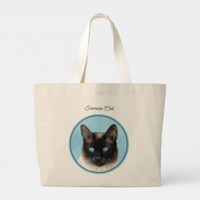 Bolsa Tote Grande Gato Siamês, Retrato, Pintura, Arte Original (Verso)