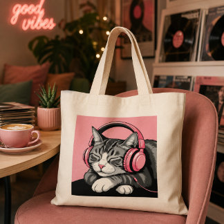Bolsa Tote Grande Gato Tabby Fofo Ouvindo Música com Fones de Ouvido