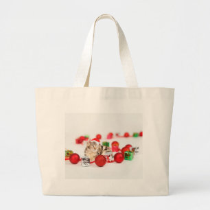 Bolsa Tote Grande Gato usando enfeite de Natal chapéu vermelho de Pa