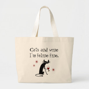 Bolsa Tote Grande Gatos e Vinhos Felinos, Trocadilhos de Vinho Fino