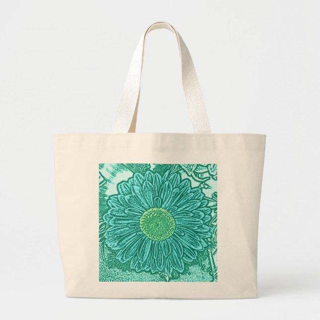 Bolsa Tote Grande Gerbera Daisy Block Impressão - tons de aqua (Frente)