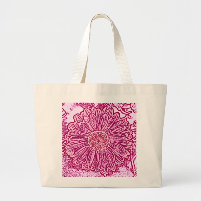 Bolsa Tote Grande Gerbera Daisy Block Impressão - tons de rosa (Frente)