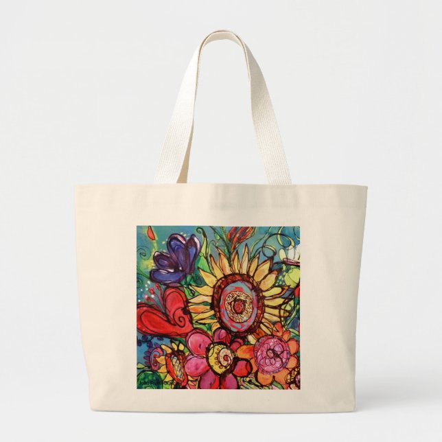 Bolsa Tote Grande Girassol no vaso cor-de-rosa (Frente)