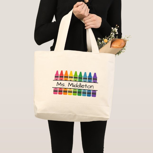 Bolsa Tote Grande Giz de Cera Arco-Íris Personalizado para Professor (Frente (produto))