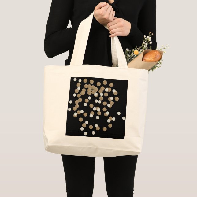 Bolsa Tote Grande glam black and white dots champagne gold confetti (Frente (produto))