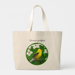 Bolsa Tote Grande Goldfinch em Dogwood Blossoms Arte Original de Ave