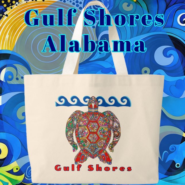 Bolsa Tote Grande Golfo Pérsico Alabama - Tartaruga do Mar Mosaico C (Colorful fun travel souvenir featuring a majestic sea turtle. Check out the choices of bag styles.)