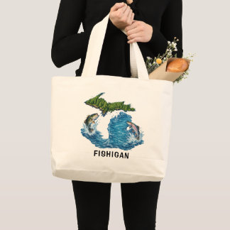 Bolsa Tote Grande Gráfico do Estado de Michigan com Peixe