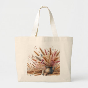 Bolsa Tote Grande Grama das Pampas Floral Boho Moderno para Outono 