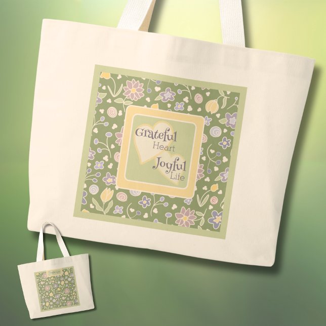 Bolsa Tote Grande Grateful Heart Joyful Life Personalized Tote Bag  (Grateful Heart Joyful Life Personalized Tote Bag – Floral Green Inspirational Gift)