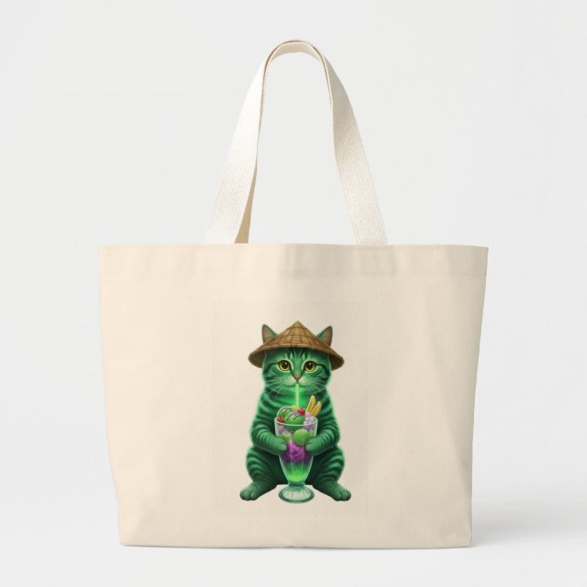 Bolsa Tote Grande Green cat drinking ice  (Frente)