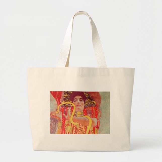 Bolsa Tote Grande Gustav Klimt Red Woman Dourada pintura Cobra (Frente)