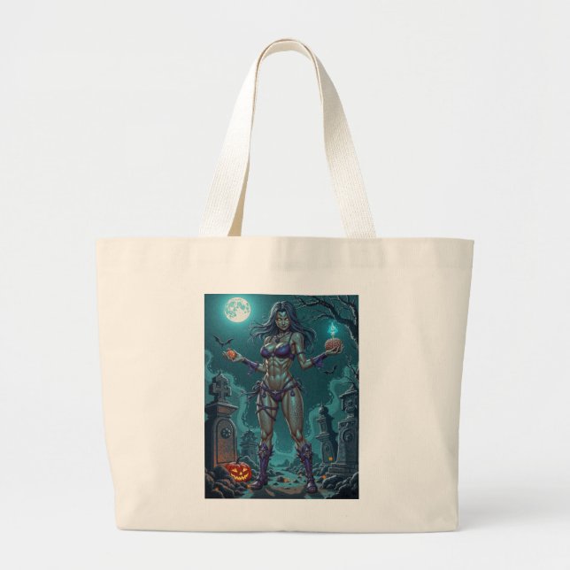 Bolsa Tote Grande Halloween Treat ou Zombie Namorada w Cérebros (Frente)