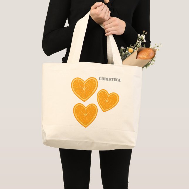 Bolsa Tote Grande Heart Orange Tote Bag – Cute Reusable Farmers Bag (Frente (produto))