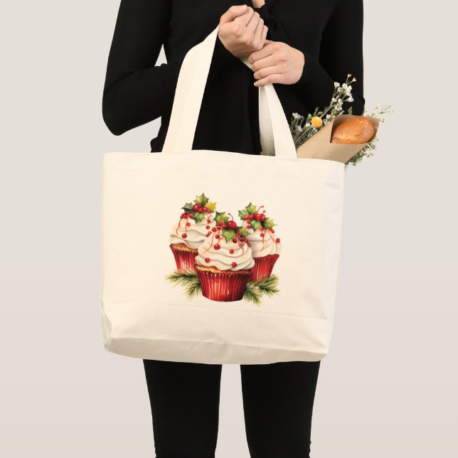 Bolsa Tote Grande Holly Berry Cupcake de Natal (Frente (produto))