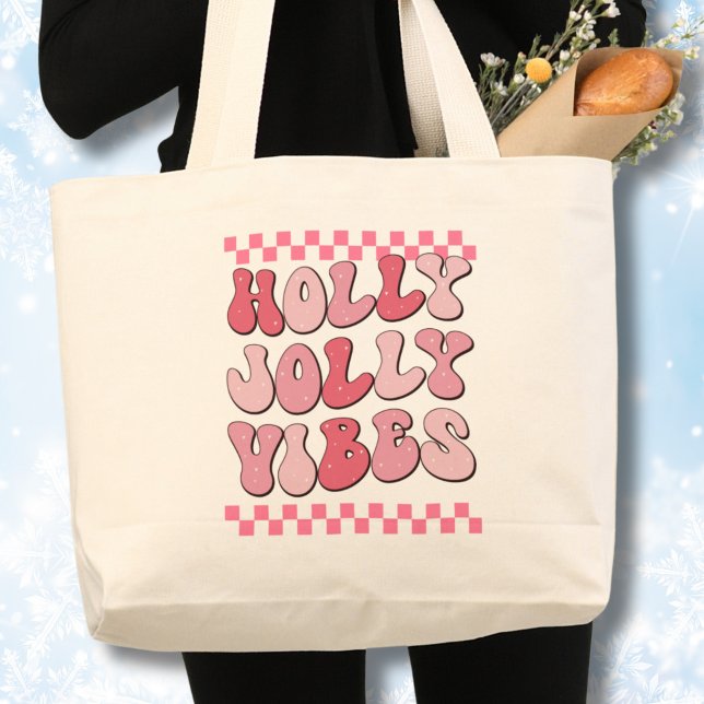 Bolsa Tote Grande Holly Jolly vibes, Retro Natal Long Sleeve (Christmas tote bag, Holly Jolly vibes Retro tote,Pink text)