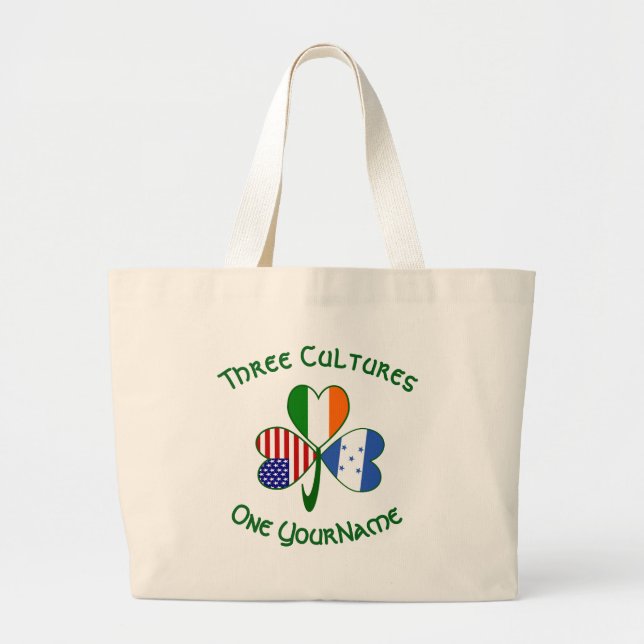 Bolsa Tote Grande Hondurenho Irish American Flags Shamrock Seu Nome (Frente)