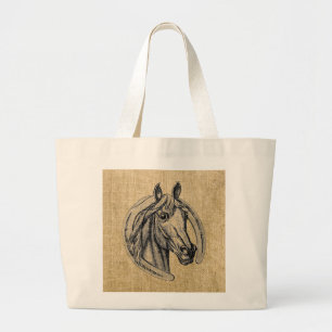 Bolsa Tote Grande Horse Cameo em Burlap