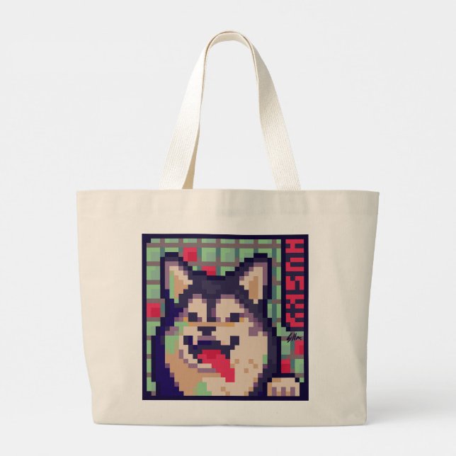 Bolsa Tote Grande Husky, Pixel Art, pixelart (Verso)