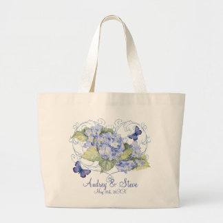 Bolsa Tote Grande Hydrangeas azuis, borboleta & floral moderno do