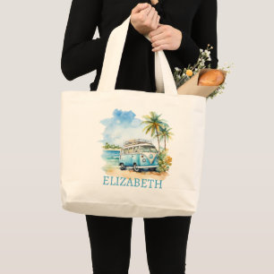 Bolsa Tote Grande Ilha Tropical Retro Ônibus Azul