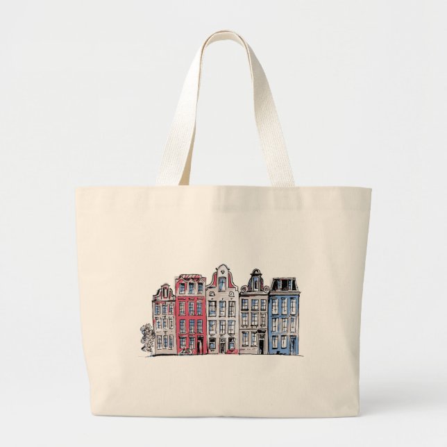 Bolsa Tote Grande Ilustração de Edifícios de Amesterdã (Frente)