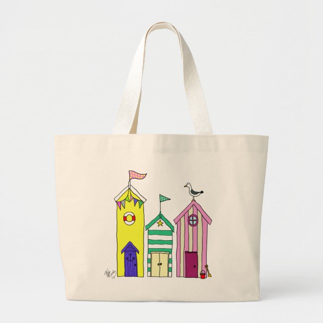 Bolsa Tote Grande Ilustração de Huts de Praia 1 (Frente)