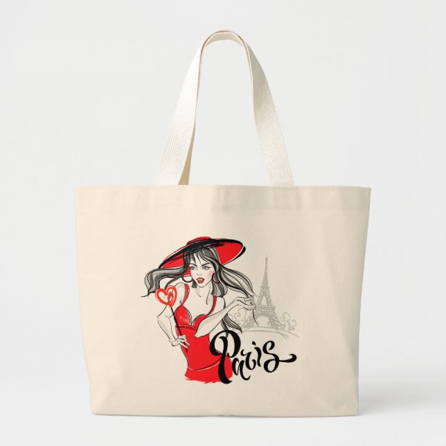 Bolsa Tote Grande Ilustração de Mulher Moda de Paris (Frente)