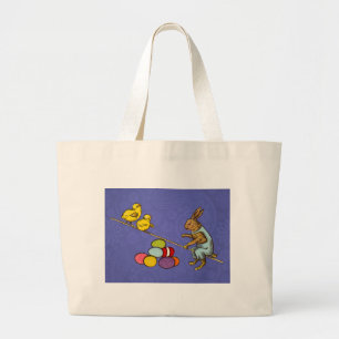 Bolsa Tote Grande Ilustração de ovos de galinhas de coelho da Páscoa